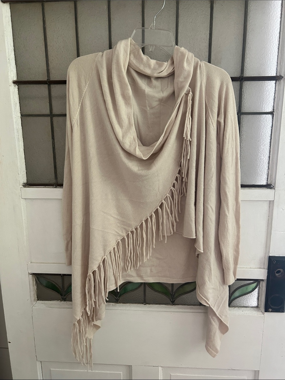 Lovestitch Women's Cream Fringe Draped Cowl Poncho Sweater